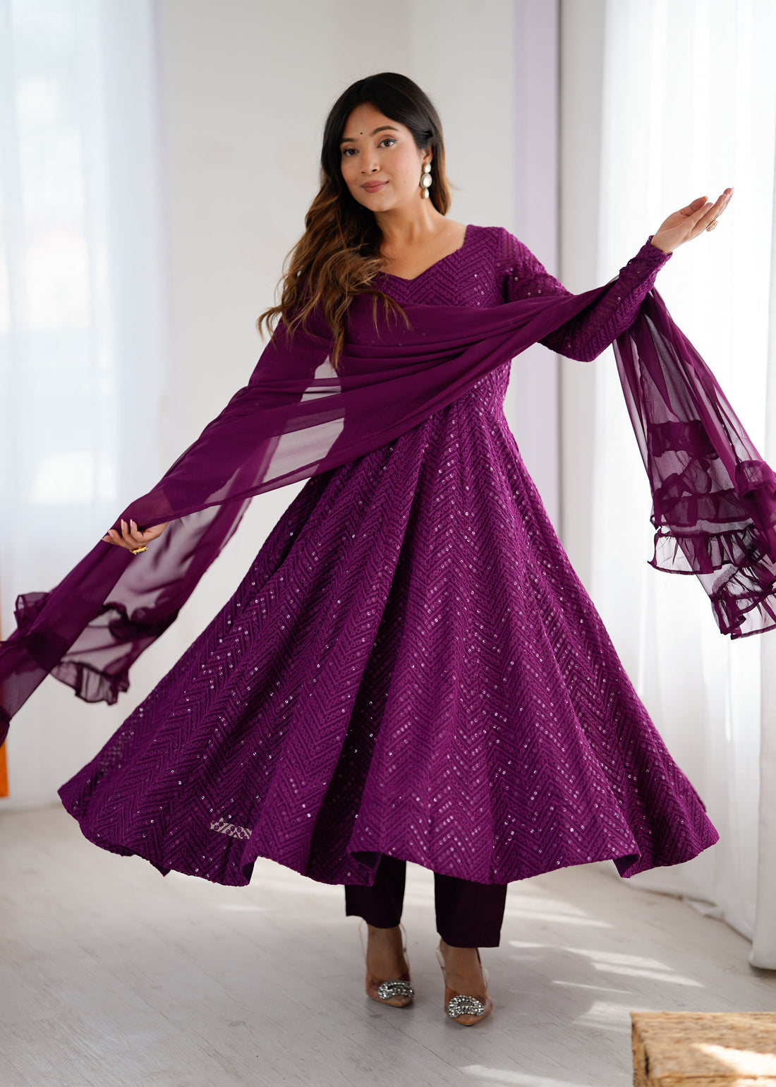 Purple Color New Arrival Designer Georgette Lucknowi Sequence Work Anarkali Set