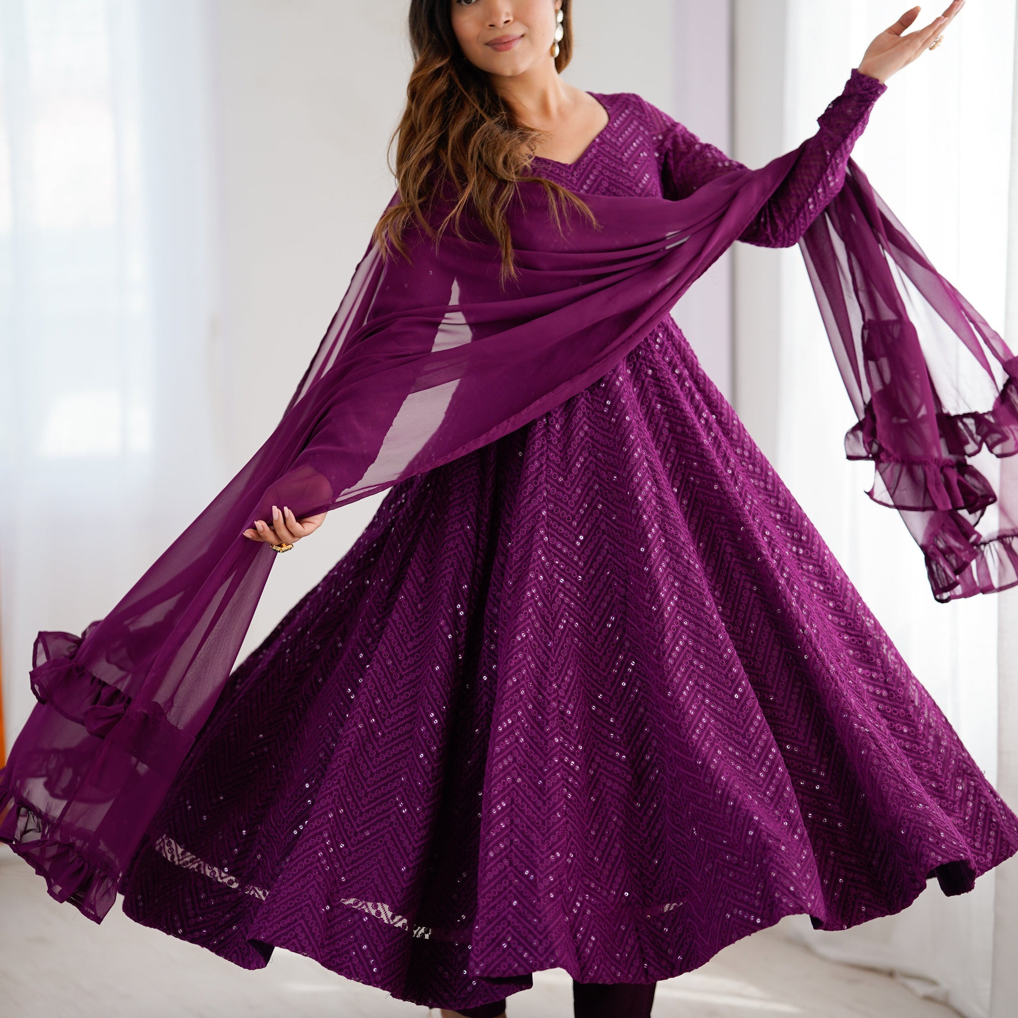 Purple Color New Arrival Designer Georgette Lucknowi Sequence Work Anarkali Set