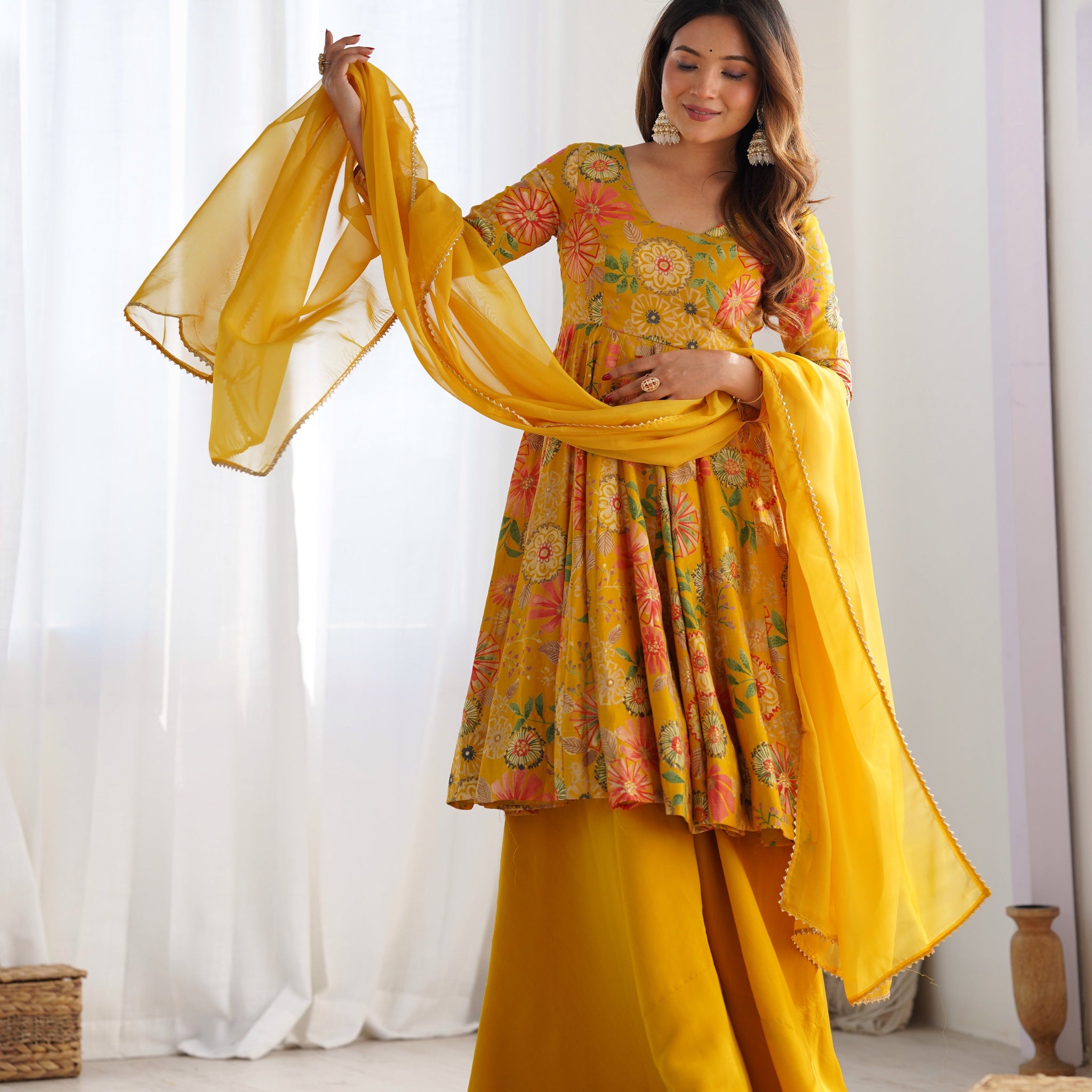 Yellow Color Heavy Pure Roman Silk Kediya Kurta Set with Plazzo And Dupatta Set