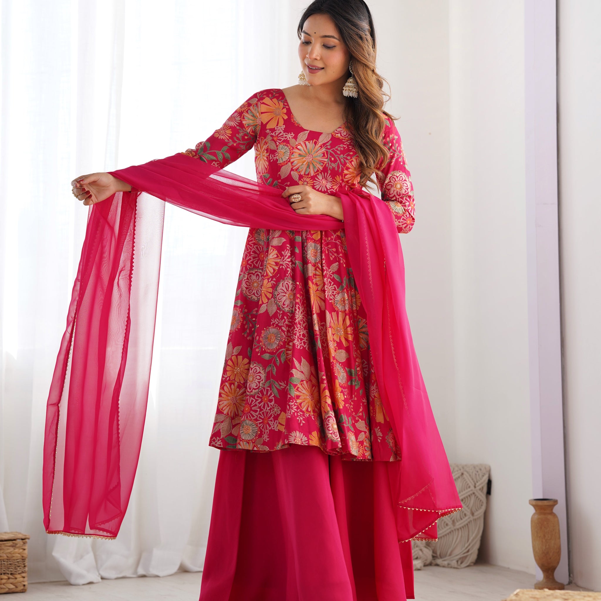 Red Color Heavy Pure Roman Silk Kediya Kurta Set with Plazzo And Dupatta Set