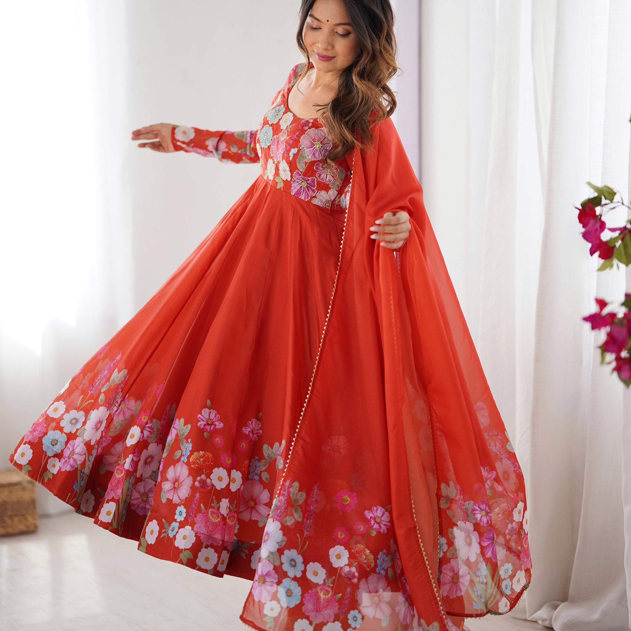 Orange Color Organza Silk Kurta with Handwork Anarkali Suit