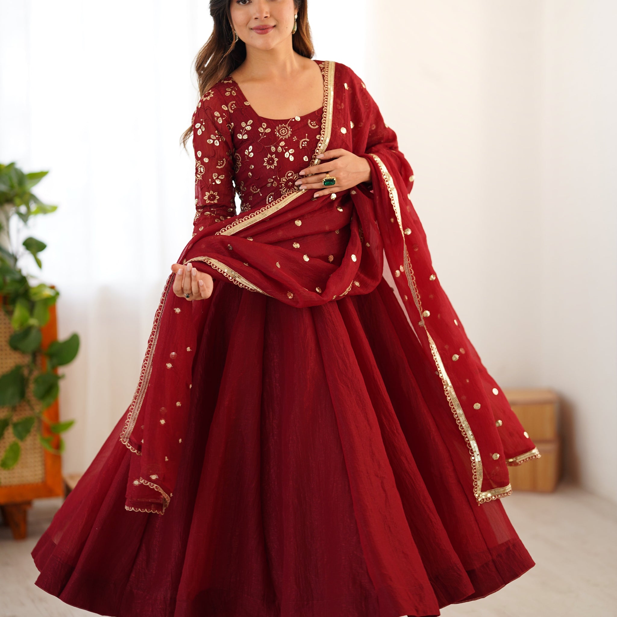 New Partywear Luxurious Crunchy Silk with Lace Border Fully Flared Anarkali Gown