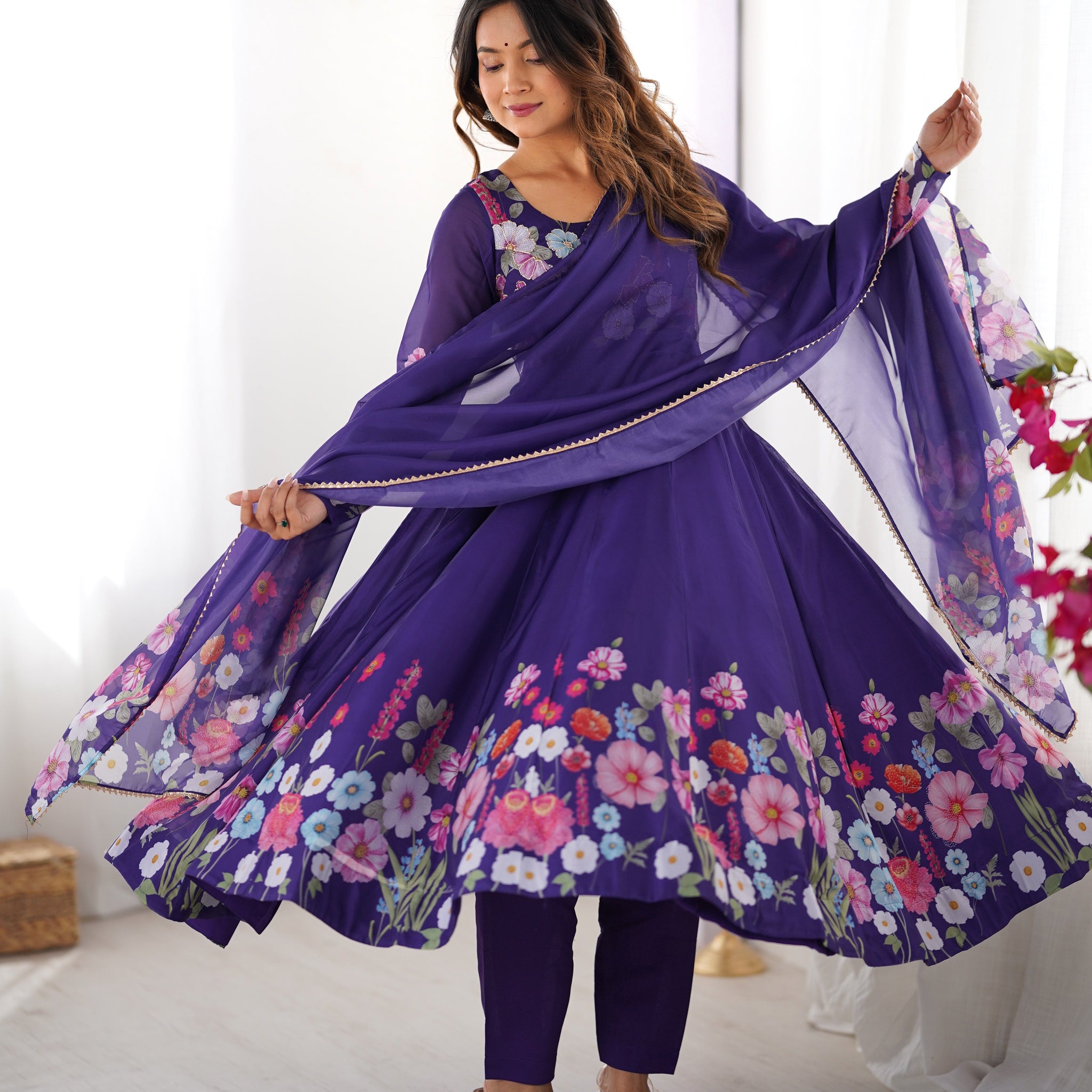 Blue Color Organza Silk Kurta with Handwork Anarkali Suit