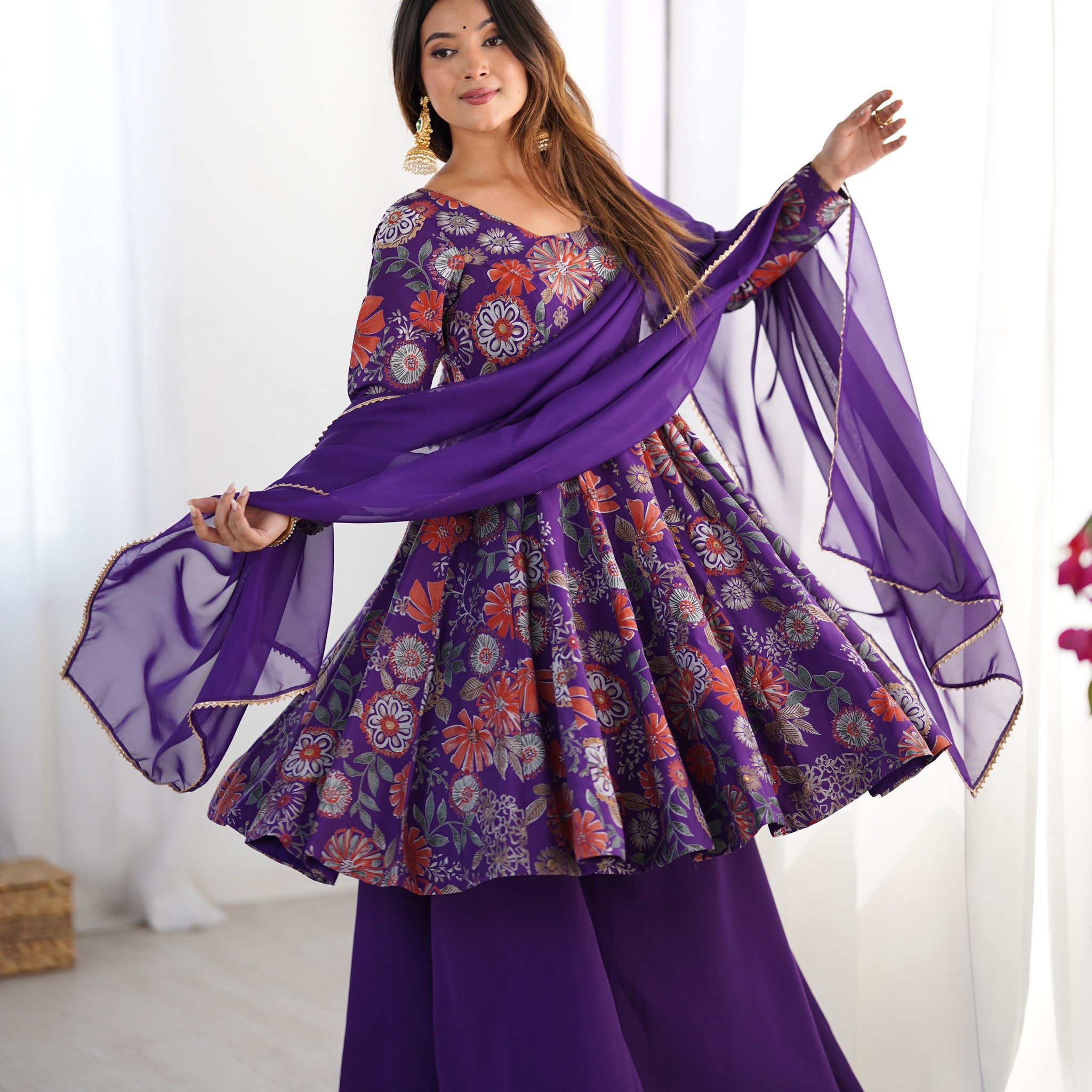 Purple Color Heavy Pure Roman Silk Kediya Kurta Set with Plazzo And Dupatta Set