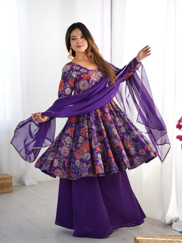 Purple Color Heavy Pure Roman Silk Kediya Kurta Set with Plazzo And Dupatta Set