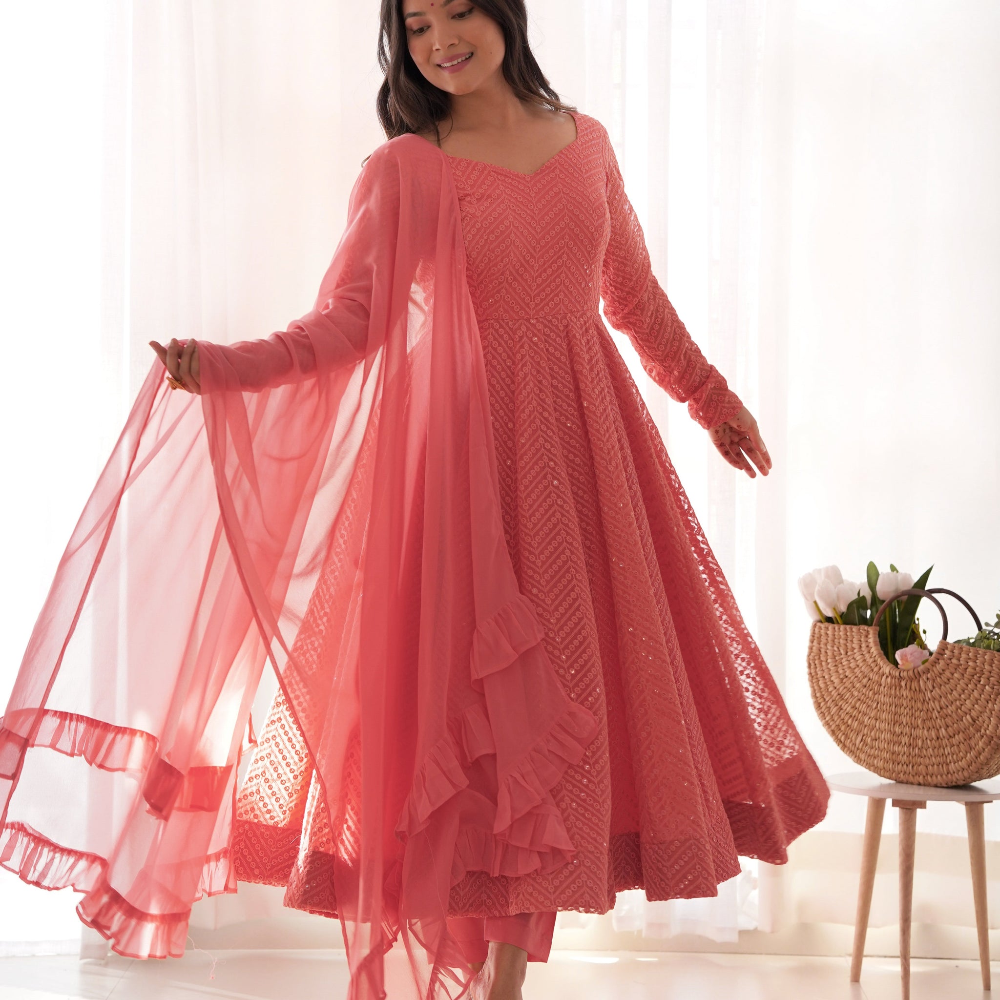 Peach Color Premium Lucknowi Sequin Work Anarkali Set