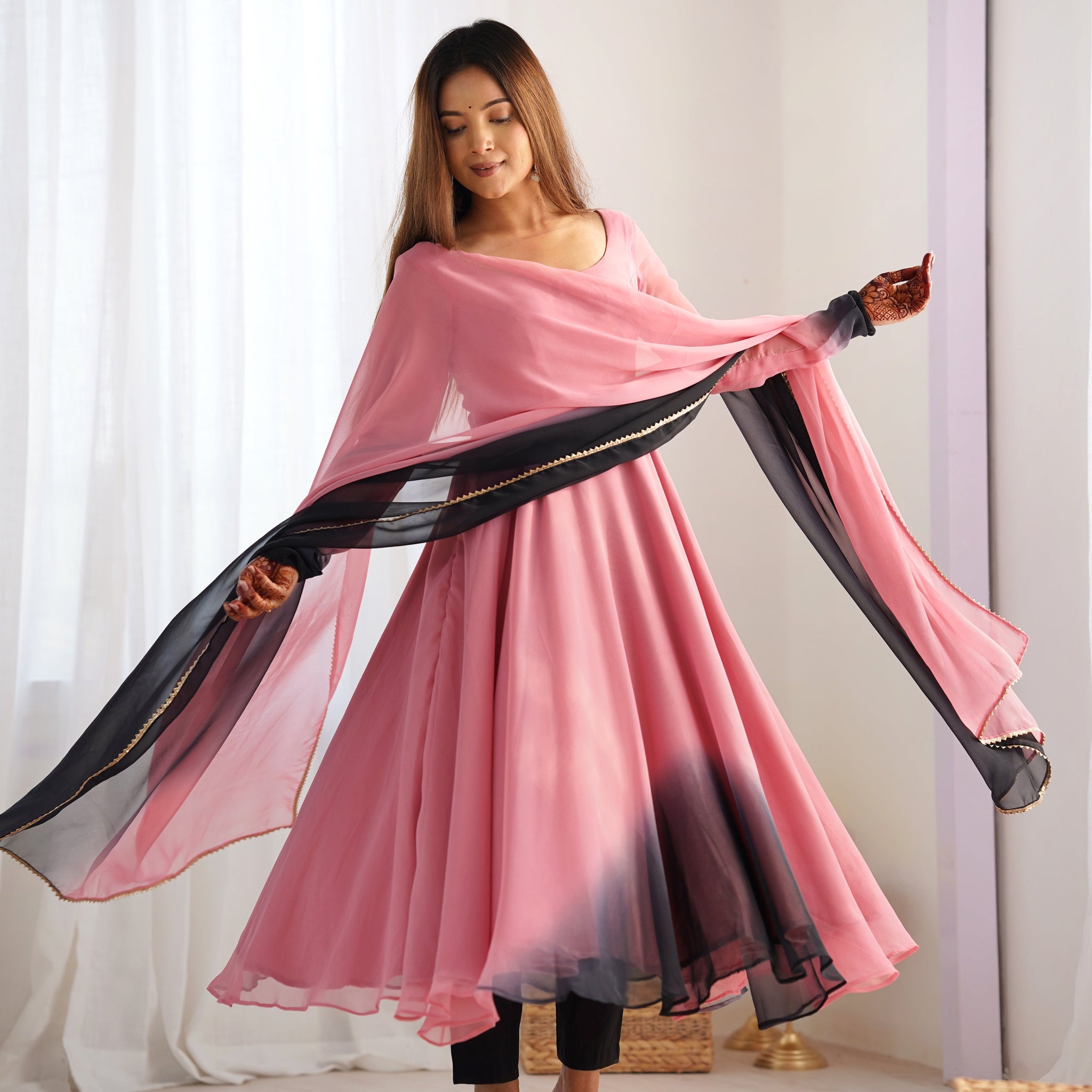 New Partywear Fox Georgette Anarkali Set with Colorful Padding and Lace Dupatta