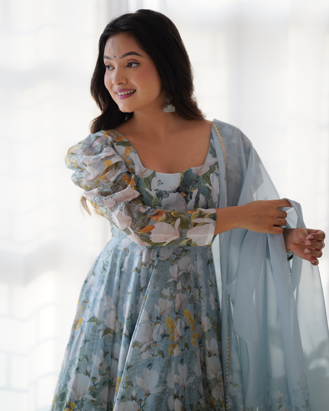 New Designer Floral Organza Silk Anarkali Set with Gota Patti Dupatta