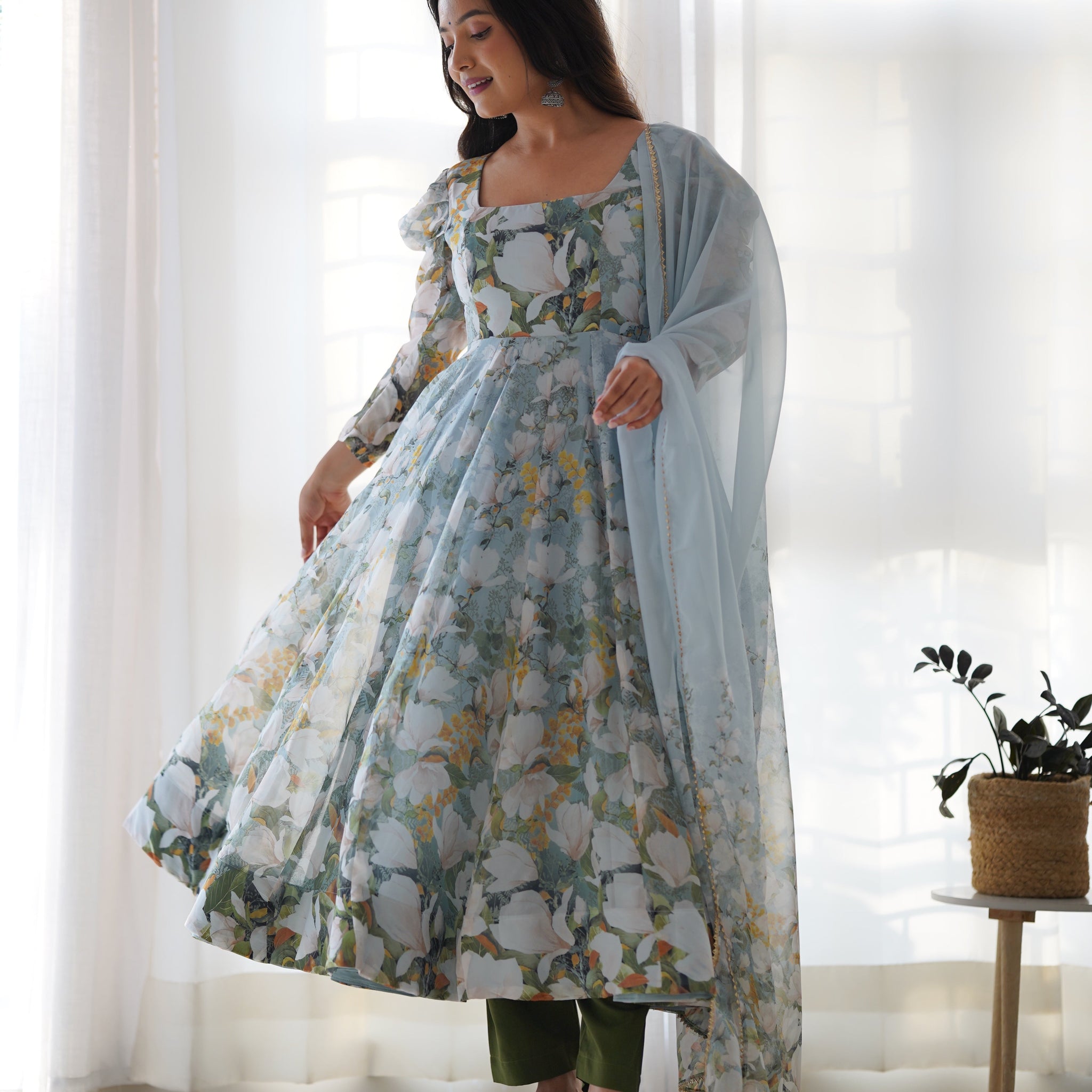 New Designer Floral Organza Silk Anarkali Set with Gota Patti Dupatta