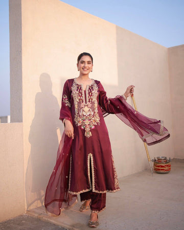 Designer Red color Top & Palazzo with Dupatta with Embroidery Sequence & Dori Work
