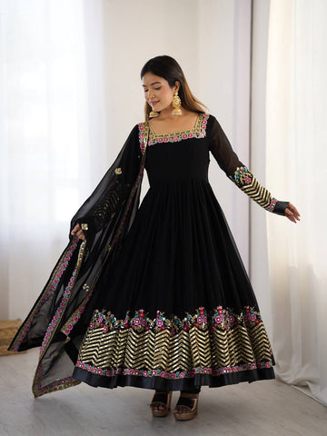 New Designer Black Color Premium Heavy Georgette Anarkali Gown With Bottom And Dupatta Set