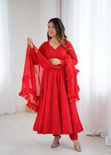 Red Elegant Soft Georgette Lucknowi Sequence Anarkali Suit Set