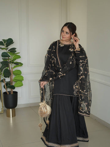 New Premium Pure Crepe Embroidered Sharara Set with Dupatta