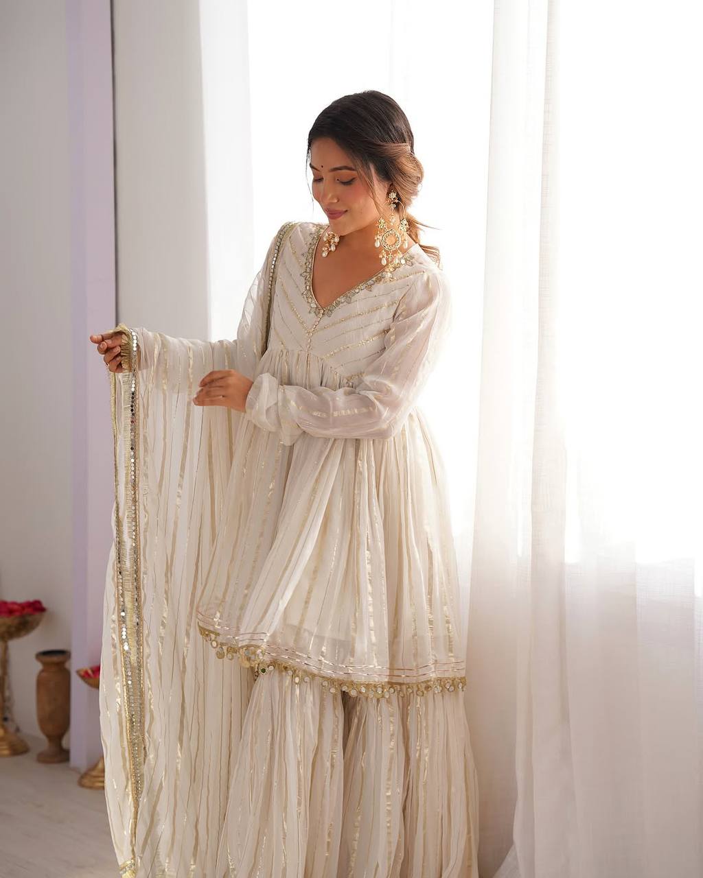 Mal Chanderi Sharara Set with Real Mirror Handwork & Dupatta – Fully Stitched